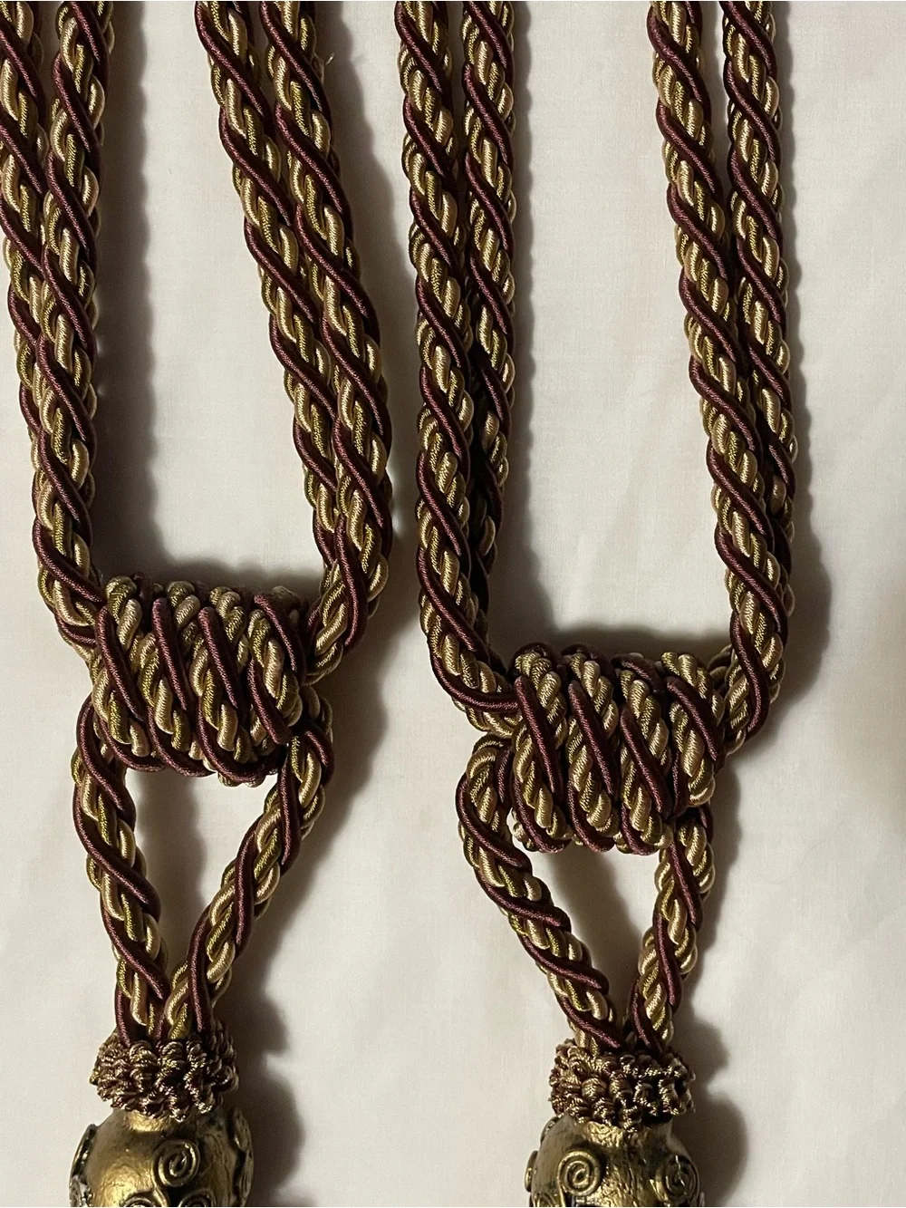 Vintage Large Tassel Curtain Tiebacks - Twisted Brown & Gold Braided Rope Pair